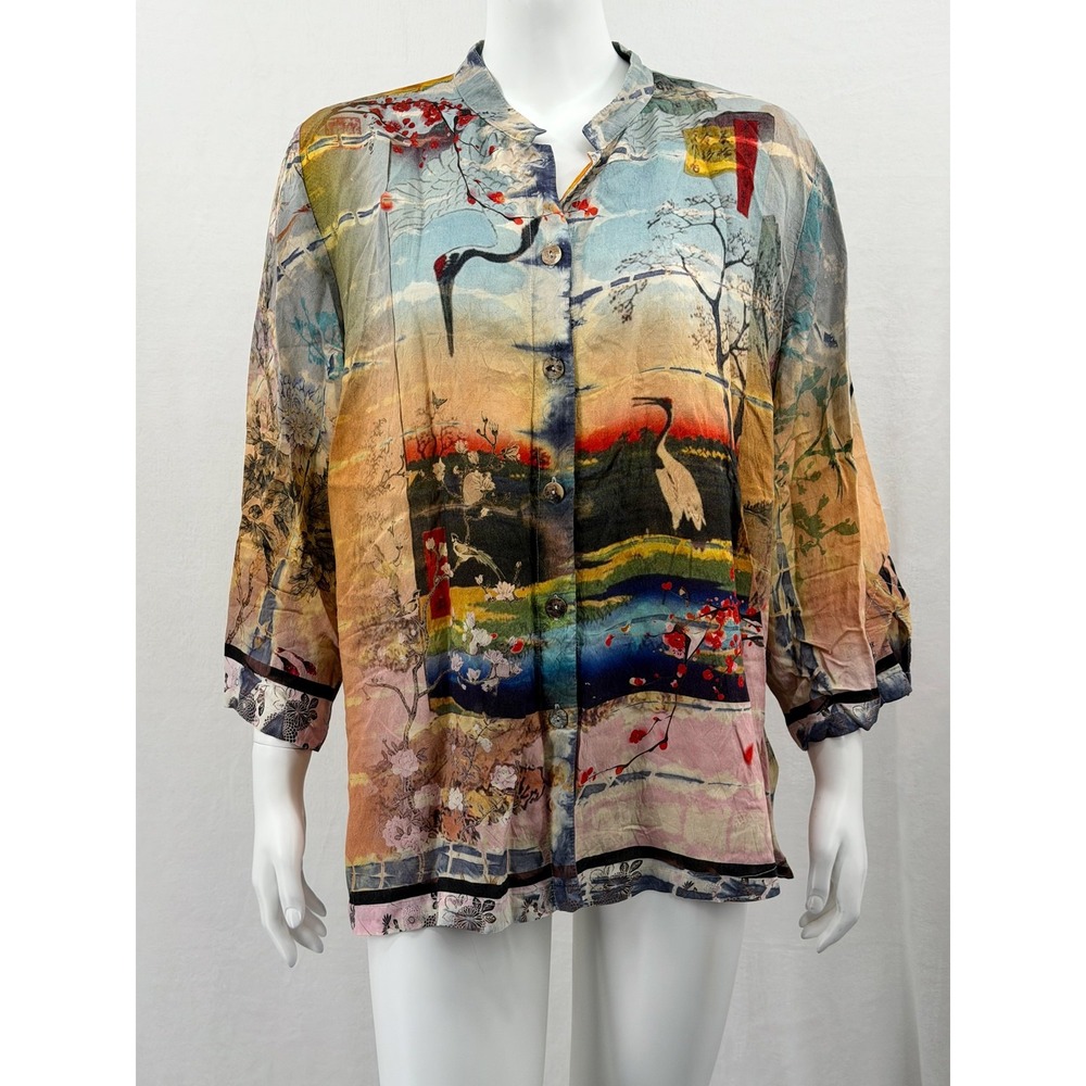 Citron Santa Monica Top Womens Large Blue Tan Japanese Crane Oriental Artsy Boho